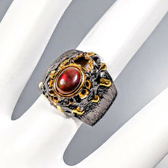 Artisan Black Opal Sterling & 14 kt Gold Ring - Picture 1 of 9